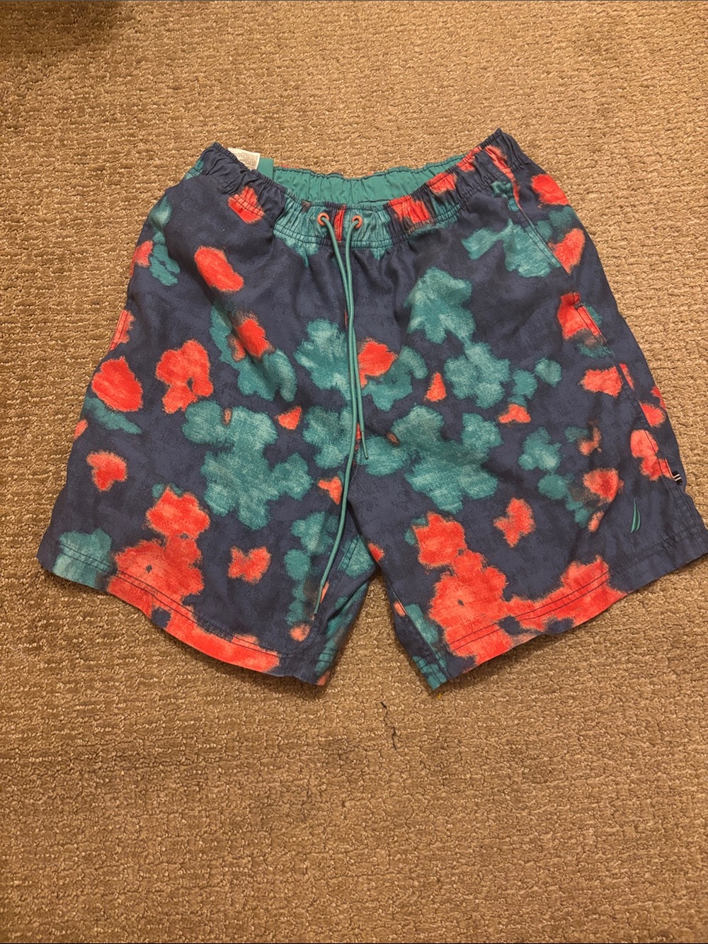 Nautica Floral Swim Trunks Men’s Medium Blue Tropical Bathing Suit Mesh Lined